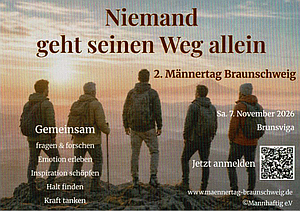 Abbildung vom Veranstaltungsflyer, Bild: fünf Männer auf einem Gipfel mit tief stehender Sonne im Hintergrund, Motto: Niemand geht seinen Weg allein, sowie Infos zur Veranstaltung