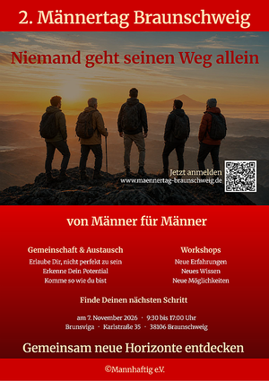 Abbildung vom Veranstaltungsflyer, Bild: fünf Männer auf einem Gipfel mit tief stehender Sonne im Hintergrund, Motto: Niemand geht seinen Weg allein, sowie mit Infos zur Veranstaltung